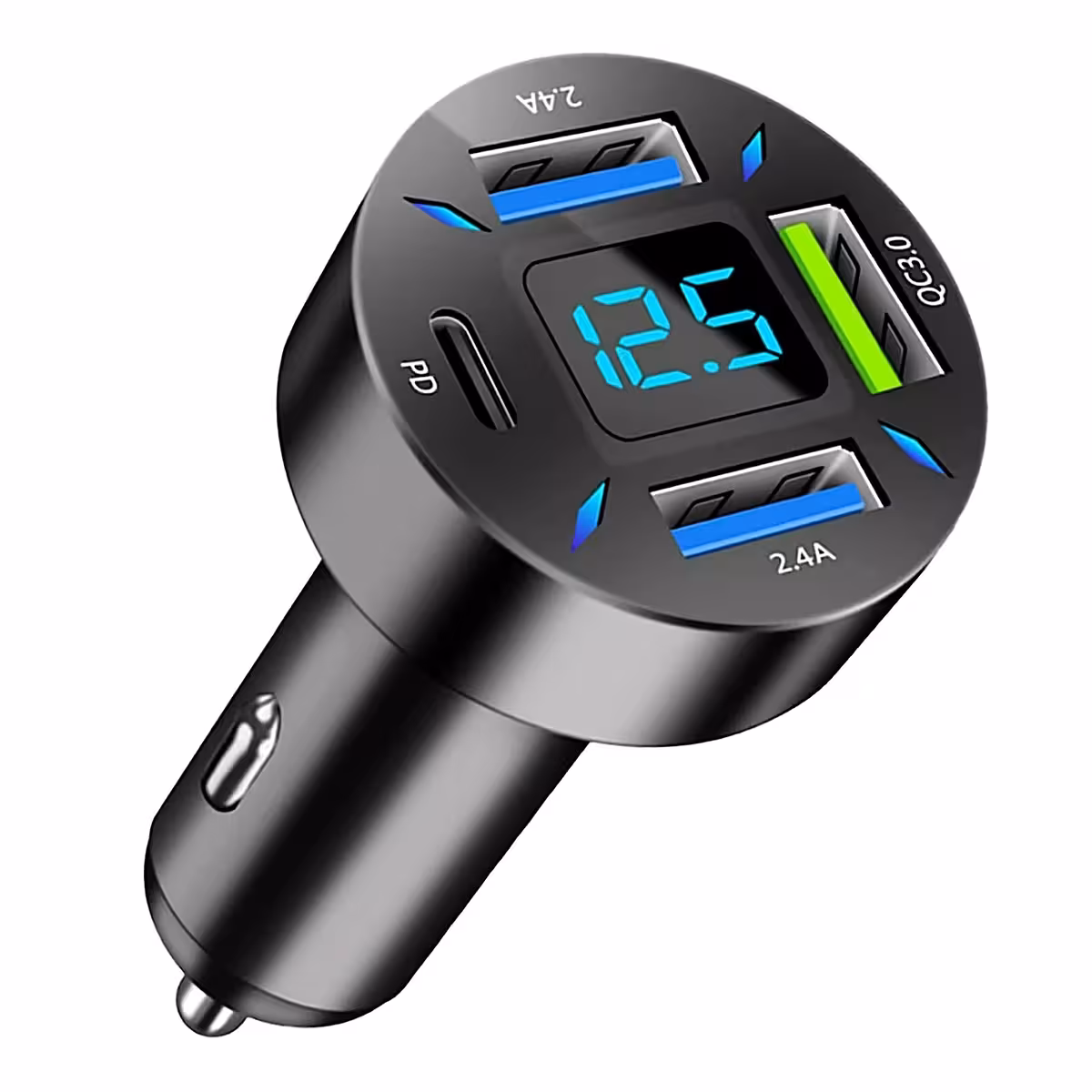 Încărcător auto modern cu USB-C, fast charge și afișaj digital pentru voltaj