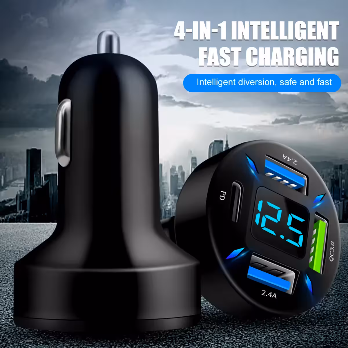Încărcător auto pentru mai multe dispozitive simultan Încărcător auto cu 3 porturi USB și unul tip C pentru smartphone și tabletă