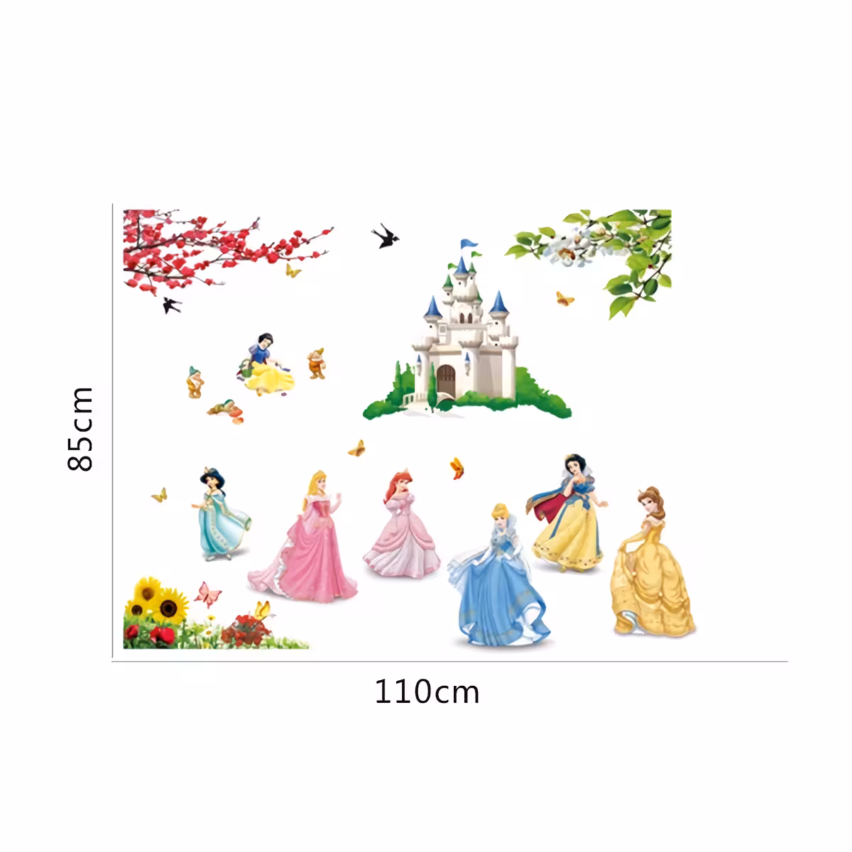 Sticker perete cu castel fantastic și prințese Autocolant cu tematică basm și personaje Disney