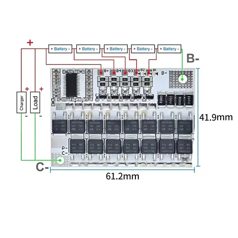 Schiță montaj modul BMS 5S 100A Diagrama conexiuni BMS 5S pentru configurarea corectă a celulelor Li-Ion