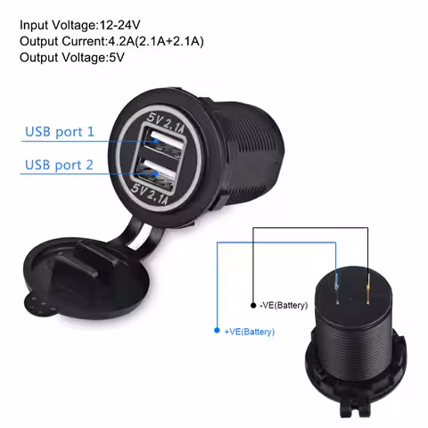 Aljzatok AUTO szivargyújtó USB dupla csatlakozóval 12V 24V töltőpanelre szerelés 2x 2.1A