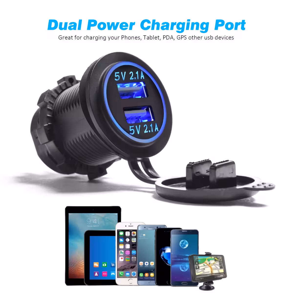 Priză dublă USB auto waterproof cu LED Încărcător USB rezistent la apă cu iluminare LED albastră și dublu port