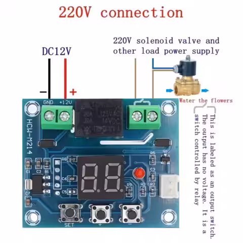 Modul XH-M214 conectat la rețea de 220V pentru controlul electrovalvei