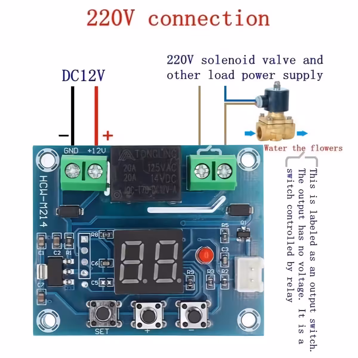 Conectare senzor umiditate la 220V Modul XH-M214 conectat la rețea de 220V pentru controlul electrovalvei