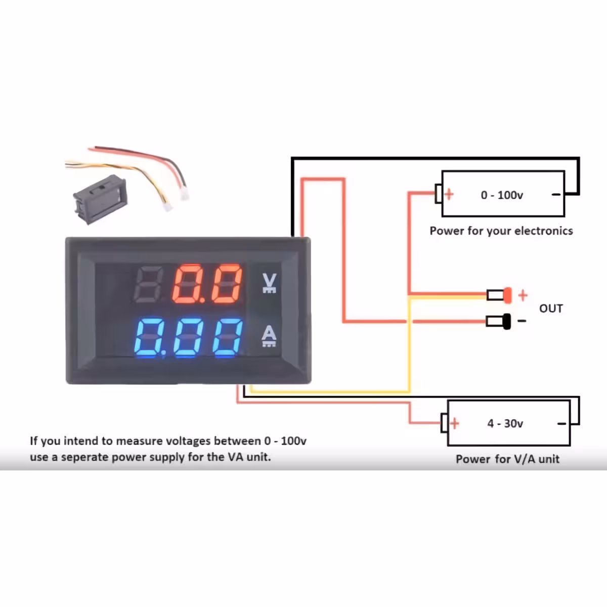 Schema conectare voltmetru 0–100V Schema de montaj pentru voltmetru și ampermetru cu alimentare separată 0–100V