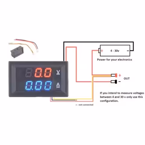 Schema de montaj pentru voltmetru și ampermetru cu alimentare comună între 4 și 30V