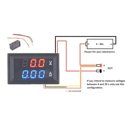 Schema conectare voltmetru 4–30V Schema de montaj pentru voltmetru și ampermetru cu alimentare comună între 4 și 30V