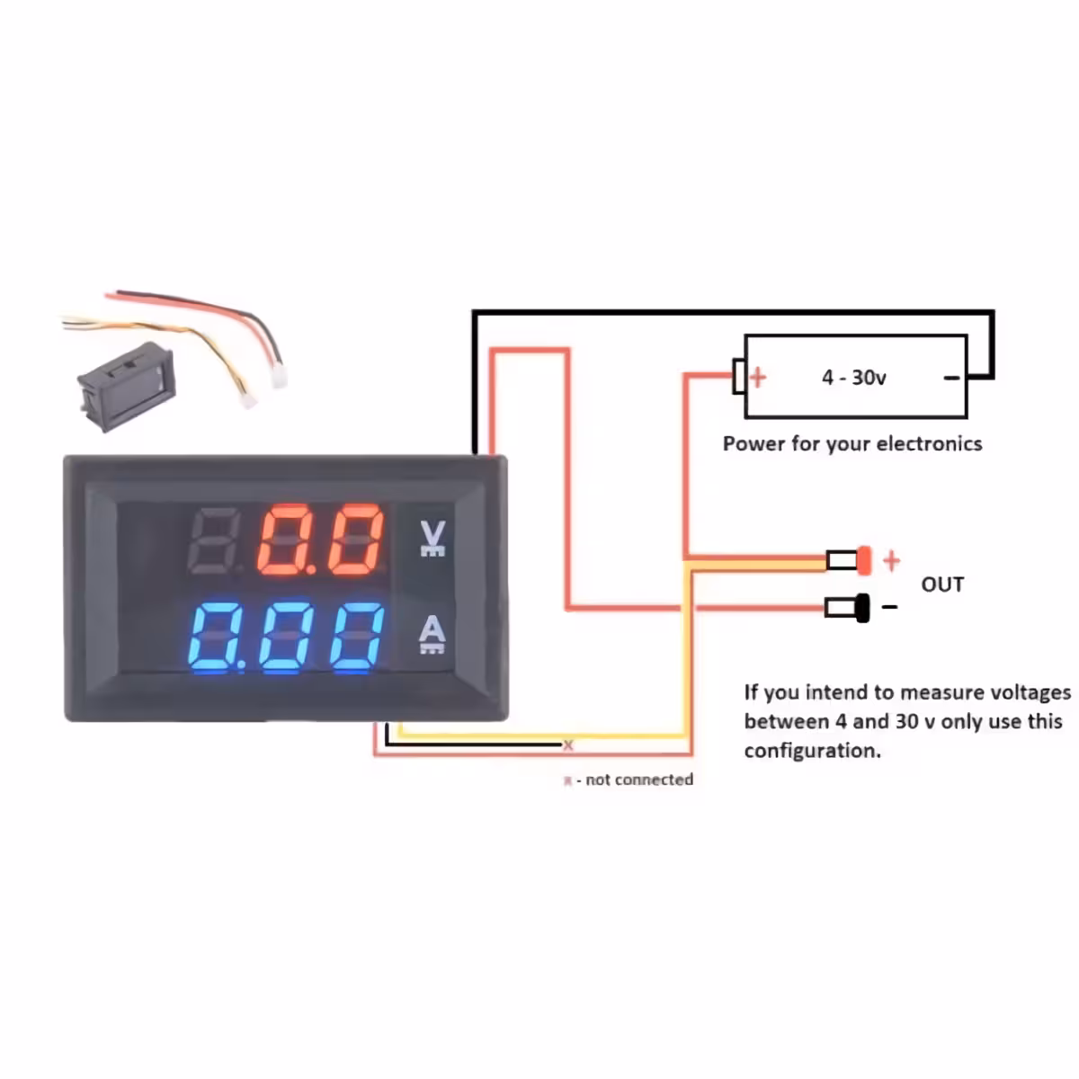 Schema conectare voltmetru 4–30V Schema de montaj pentru voltmetru și ampermetru cu alimentare comună între 4 și 30V