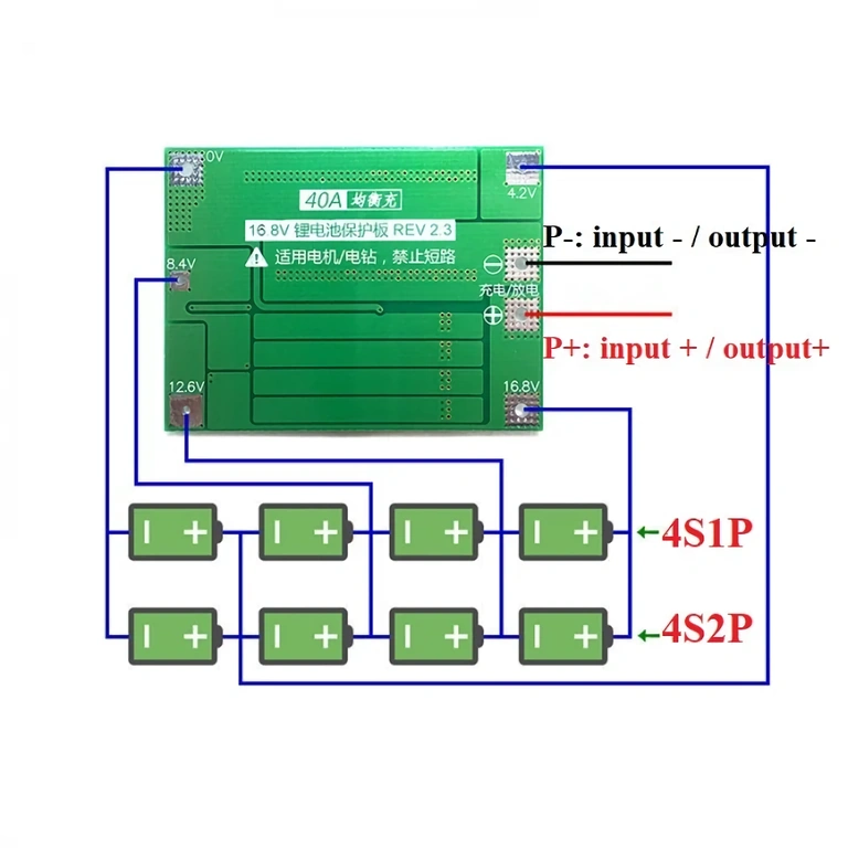 Elektrické schéma montáže modulu BMS 4S 40A pro Li-ion baterie