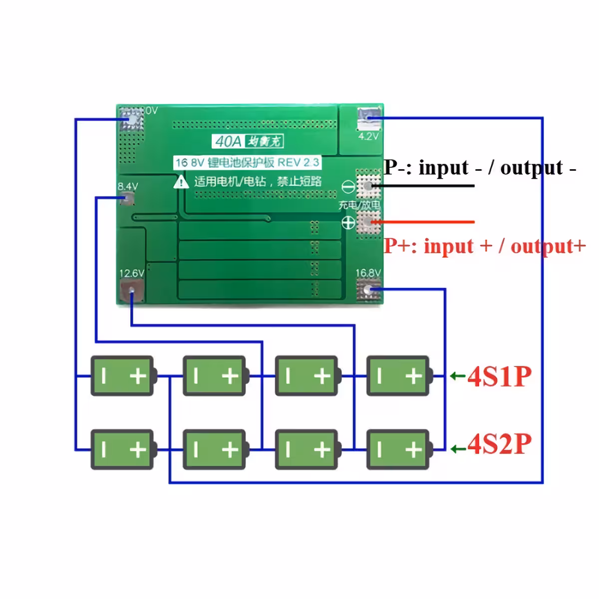 Schiță de montaj modul BMS 4S 40A Schiță electrică de montaj pentru modul BMS 4S 40A baterii Li-ion