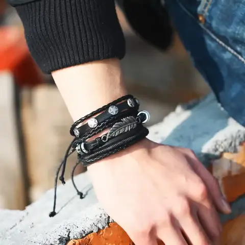 Sada levných pánských náramků přírodní kůže LUXUSNÍ módní ruční výroba NOVÉ MODELY nastavitelné pletené ELEGANTNÍ