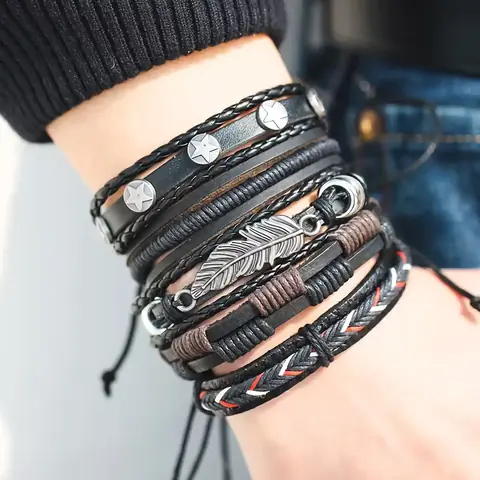 Sada levných pánských náramků přírodní kůže LUXUSNÍ módní ruční výroba NOVÉ MODELY nastavitelné pletené ELEGANTNÍ