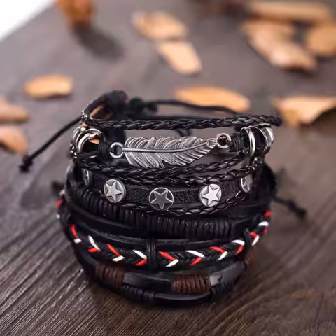 Brățări bărbați piele ajustabile – set 5 bucăți Brățări reglabile din piele pentru bărbați – accesorii casual
