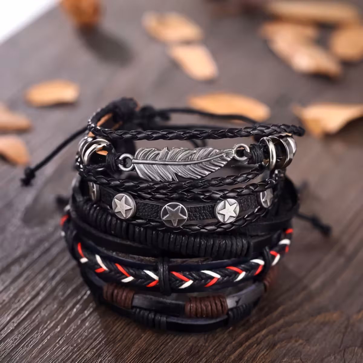 Brățări bărbați piele ajustabile – set 5 bucăți Brățări reglabile din piele pentru bărbați – accesorii casual