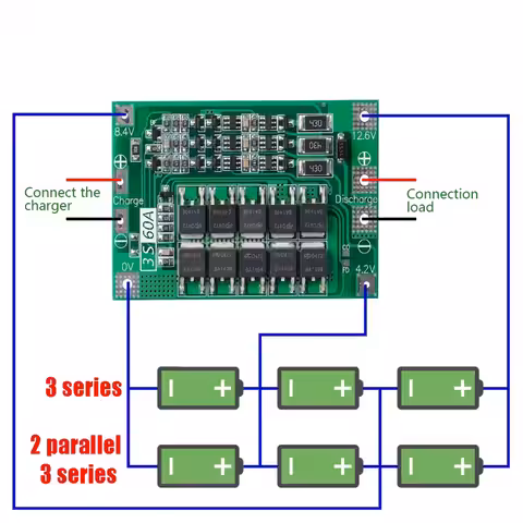Schemă de conectare modul BMS 3S 60A pentru acumulatori 18650 Diagramă conexiuni pentru modul de protecție BMS 3S 60A – legături baterii, ieșiri și echilibrare celule