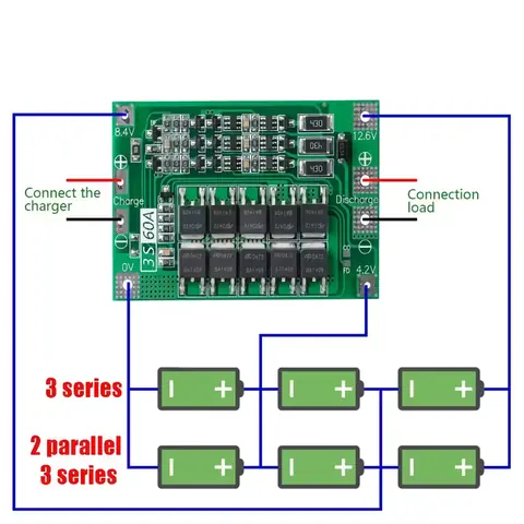 Schemă de conectare modul BMS 3S 60A pentru acumulatori 18650 Diagramă conexiuni pentru modul de protecție BMS 3S 60A – legături baterii, ieșiri și echilibrare celule