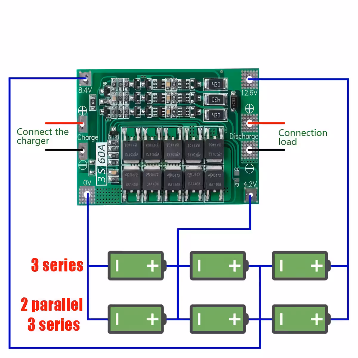 Schemă de conectare modul BMS 3S 60A pentru acumulatori 18650 Diagramă conexiuni pentru modul de protecție BMS 3S 60A – legături baterii, ieșiri și echilibrare celule