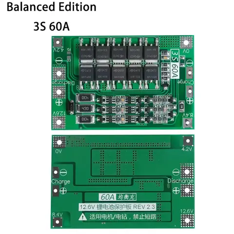 Placă protecție 3S 18650 60A pentru baterii BMS cu 10 MOSFET, curent maxim 60A, echilibrare inteligentă