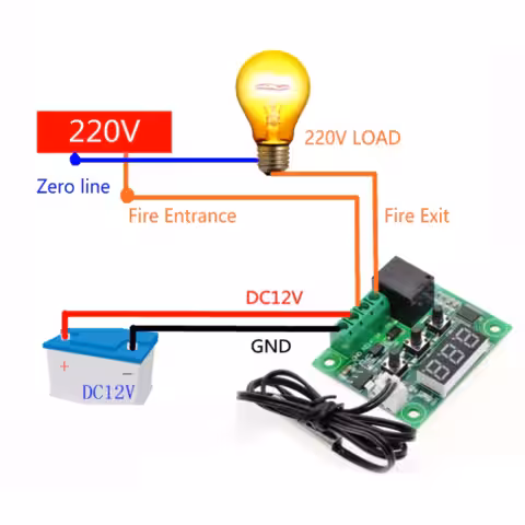 Schema conectare W1209 la 220V AC Diagrama completă pentru conectarea termostatului W1209 la rețea electrică 220V