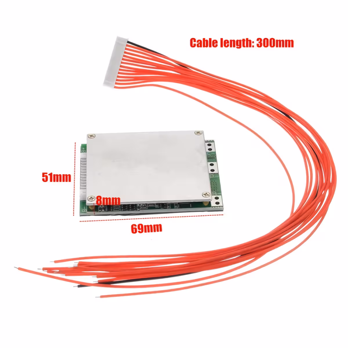 Dimensiuni modul BMS 13S 48V Dimensiuni detaliate modul BMS: lungime, lățime, grosime – 69x51x8 mm