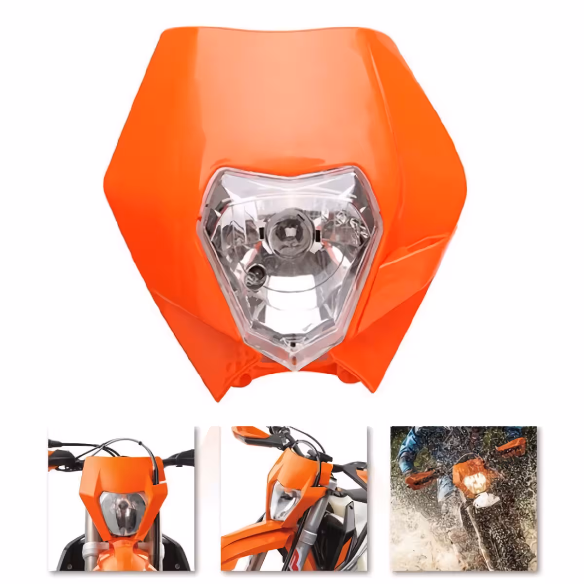 Mască portocalie universală cu far pentru motocicletă Masca frontală Enduro cu far dublu și montare anti-vibrații