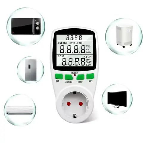 Dispozitiv cu priză pentru măsurarea consumului în kWh și cost estimat