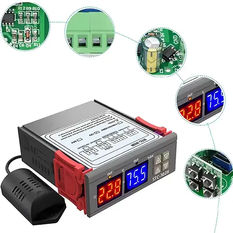 HYGROSTAT regulátor termostatu teploty a VLHKOSTI elektronický DIGITÁLNÍ cena 220V čidlo vlhkosti STC 3028