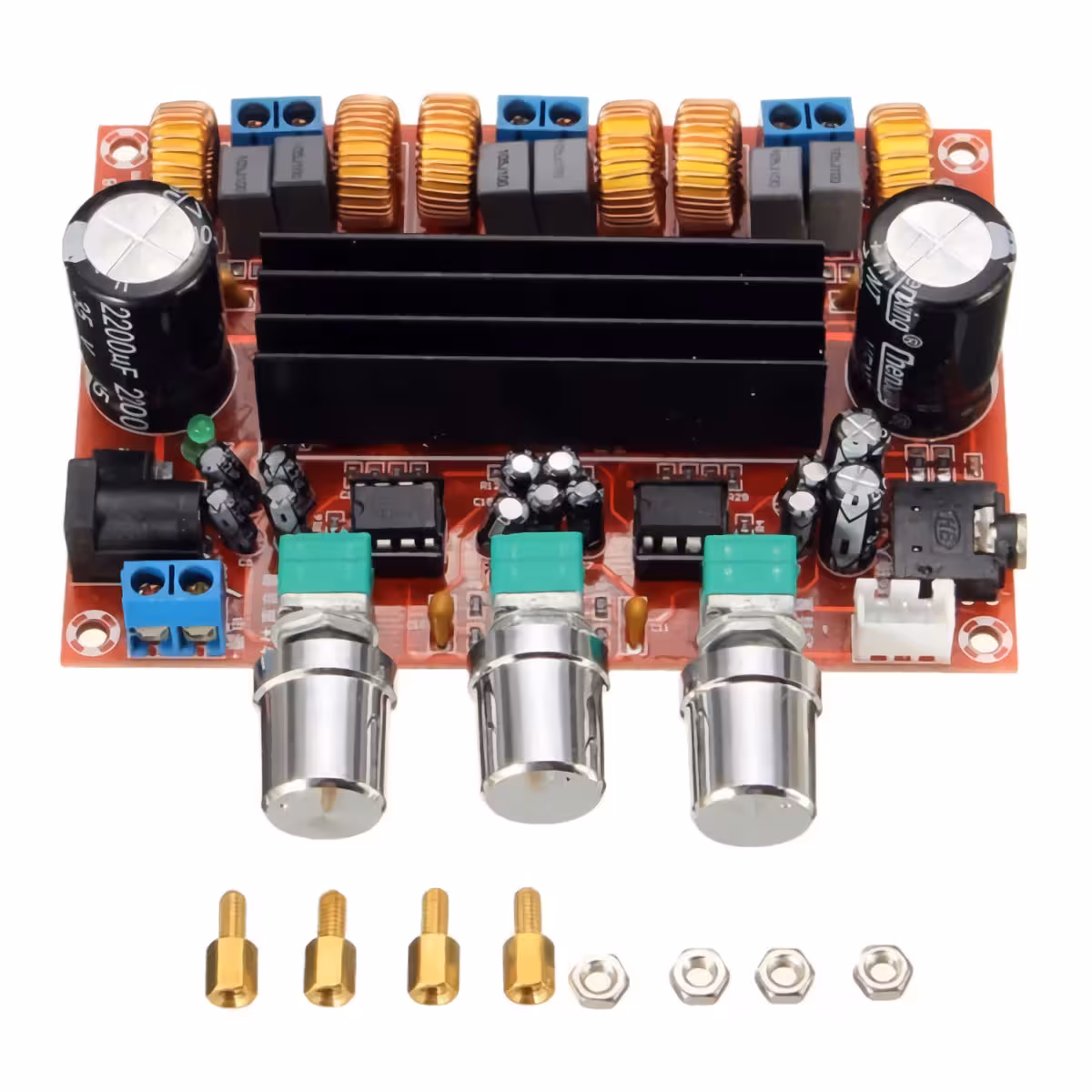 Vedere frontală placă XH-M139 Fața plăcii amplificator model XH-M139 cu butoane și componente vizibile