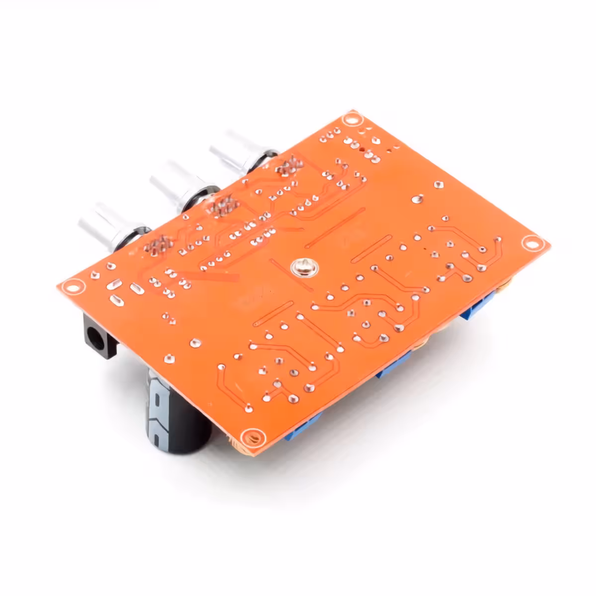Vedere din spate placă XH-M139 Imagine cu spatele modulului audio XH-M139, inclusiv conectorii și traseele