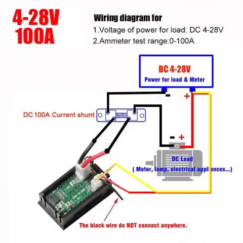 Schema conectare voltmetru/ampermetru DC 4-28V Schema de cablare pentru alimentare cu tensiune între 4V și 28V