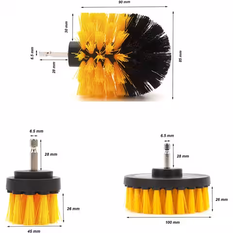 Bild med tre borstar och deras mått: 12 cm, 8,5 cm, 5 cm