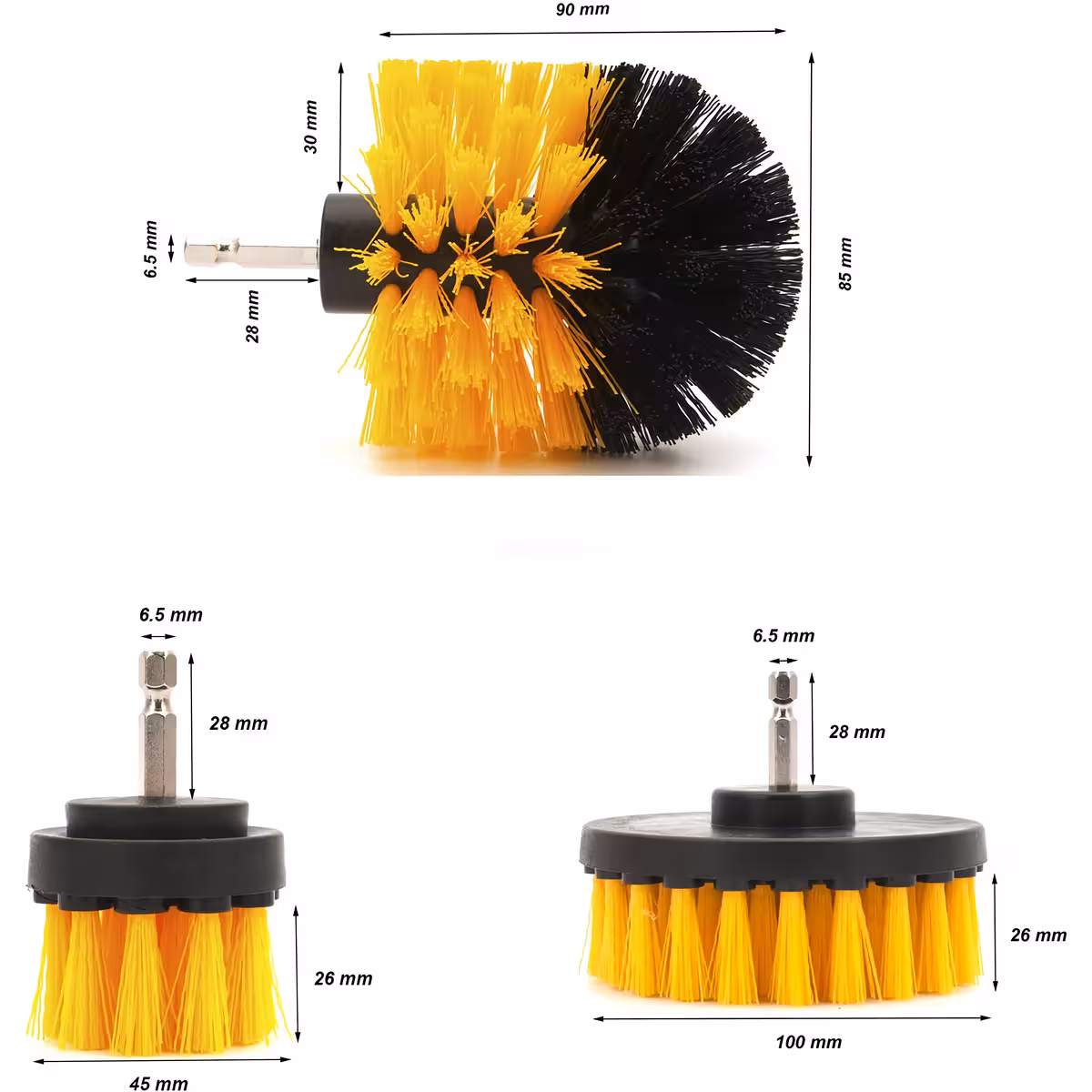 Dimensiuni perii rotative pentru bormașină Imagine cu cele 3 perii și dimensiunile lor: 12cm, 8.5cm, 5cm