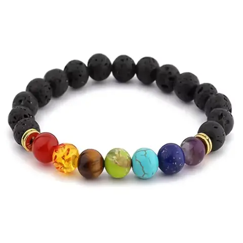 Přírodní náramek z vulkanického lávového kamene ze 7 ČAKER zelený achát červený ametyst jantar LAPIS LAZULI tygří oko