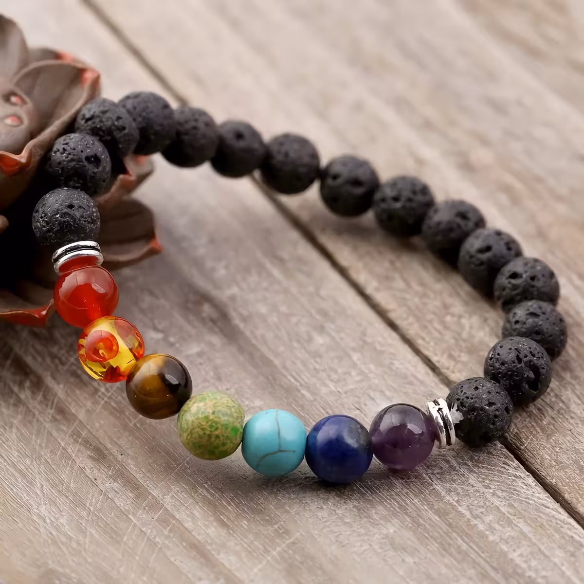 Brățară unisex ajustabilă cu pietre chakra și lavă Brățară elastică unisex cu pietre colorate pentru echilibrarea chakrelor