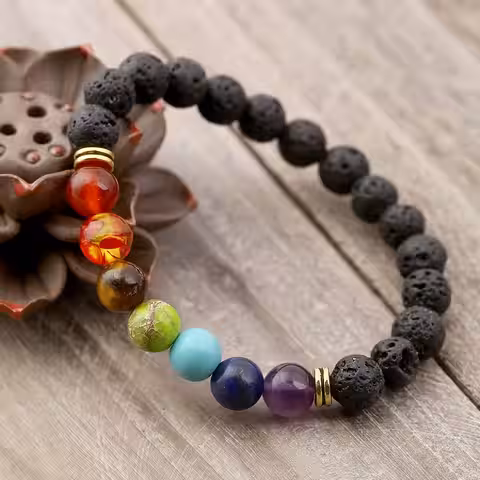 Brățară energie și echilibru din lavă și pietre chakre Accesoriu spiritual cu rocă vulcanică și cristale pentru echilibrare energetică