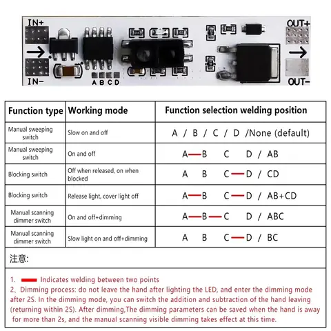 Legături directe pe placa senzorului XK-GK-4010A Exemplu de conexiuni electrice directe pe placa senzorului 12V XK-GK-4010A