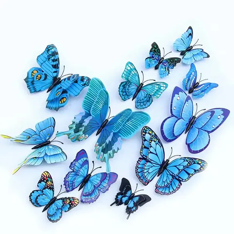 Autocolante fluturi colorați 3D – kit decor Set 12 fluturi colorați 3D pentru decor interior cu efect natural