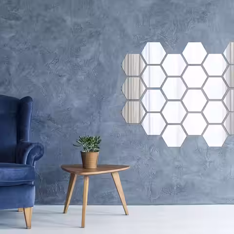 Strieborné samolepiace hexagonálne zrkadlá na dekoráciu steny