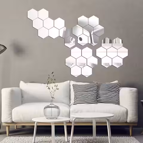 Strieborné samolepiace hexagonálne zrkadlá pre malé a moderné priestory
