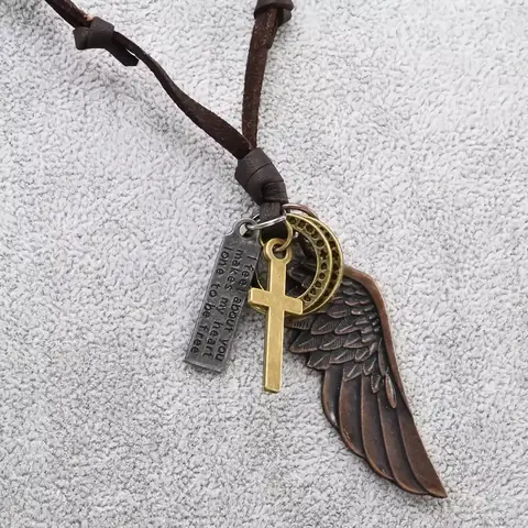 Lănțișor spiritual cu aripi de înger, din piele și aliaj de zinc