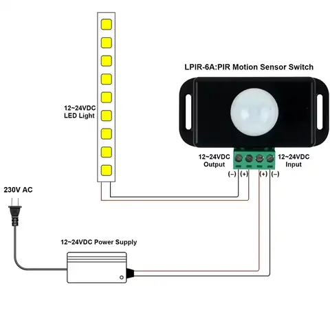 Pohybový senzor přítomnosti schéma PIR 12v 24v 6A