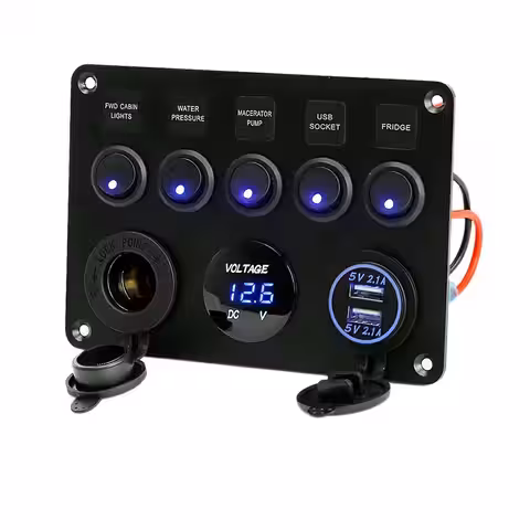 Kit panou auto 12V/24V cu 5 întrerupătoare, priză brichetă și încărcător USB, montaj ușor