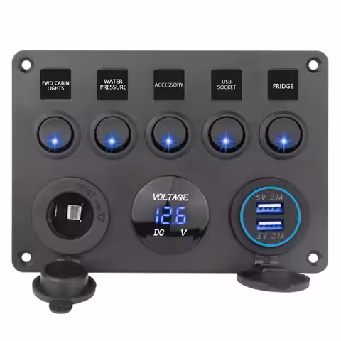 Panou auto cu voltmetru digital și 5 întrerupătoare on/off cu LED, pentru control echipamente electrice
