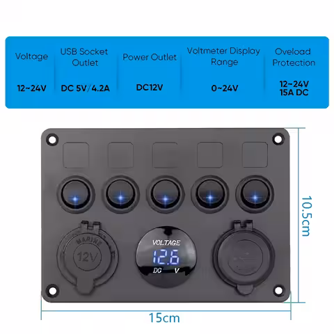 Panou cu comutatoare on/off cu LED, încărcător USB dublu și voltmetru, ideal pentru autoturisme și utilaje