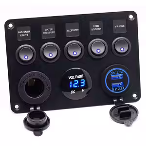 Panou auto multifunctional cu 5 întrerupătoare on/off, voltmetru digital și priză auto 12V / 24V