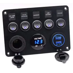 Panou auto multifunctional cu 5 întrerupătoare on/off, voltmetru digital și priză auto 12V / 24V