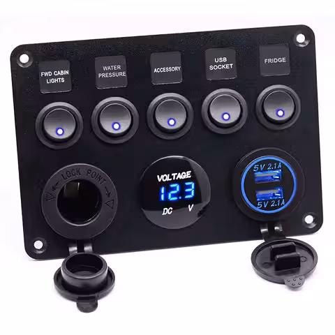 Panou auto multifunctional cu 5 întrerupătoare on/off, voltmetru digital și priză auto 12V / 24V
