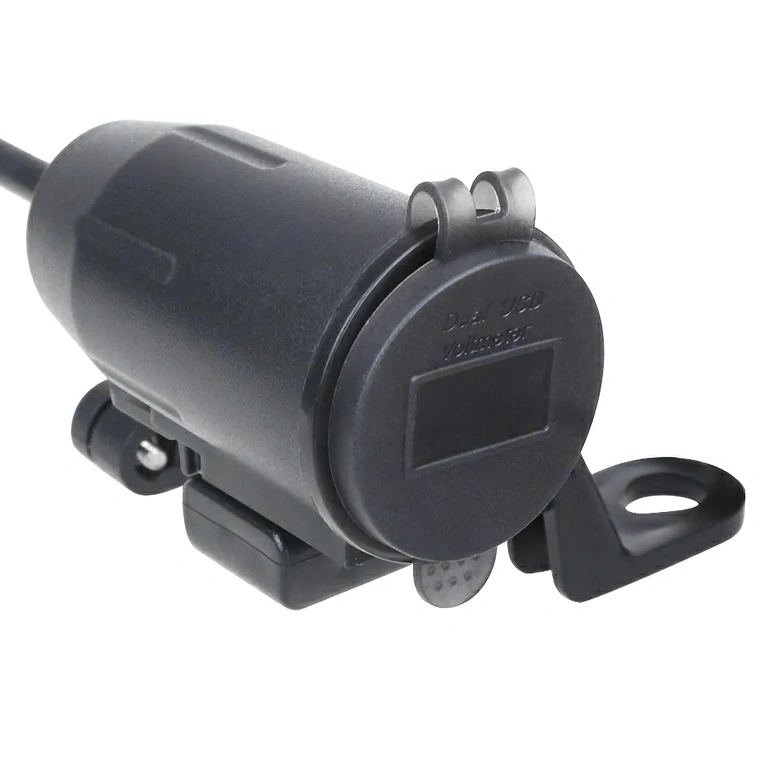 Motocyklová nabíječka s držákem pro montáž na zpětné zrcátko