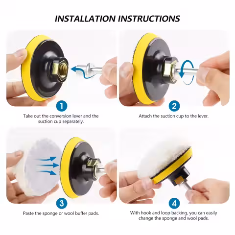 Bild på korrekt montering av polishsvampar på borrmaskin med adapter