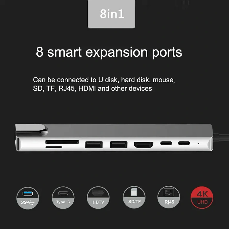 Docking station 8 în 1 cu HDMI, RJ45, USB și card reader
